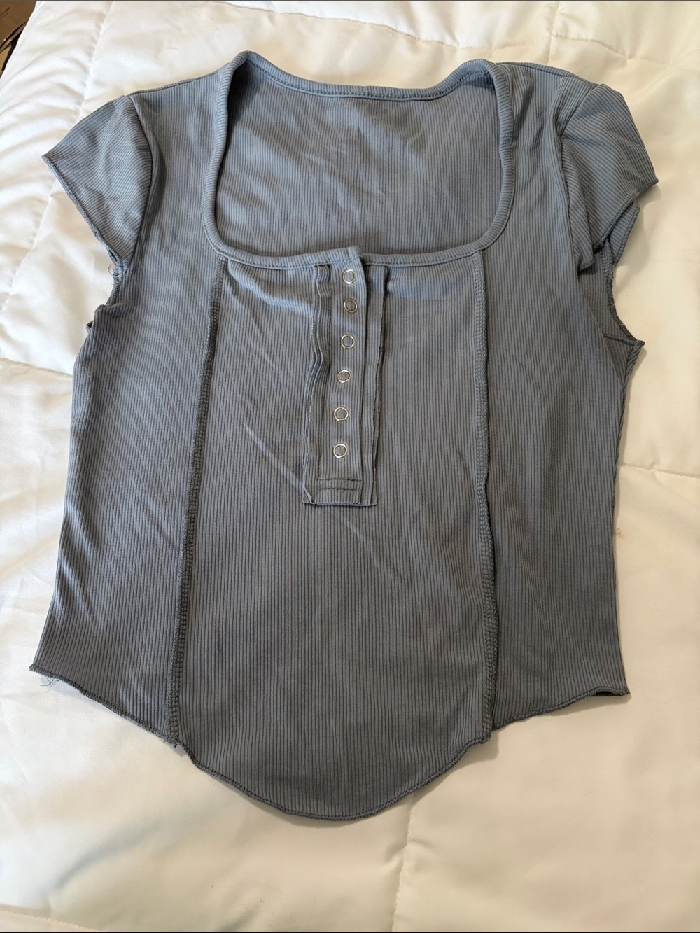 Women's blue Gray Ribbed Scoop Neck Henley Top